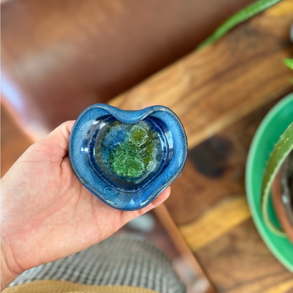 Studio pottery Handcrafted Blue and Green Heart-Shaped trinket dish